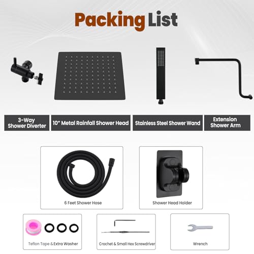 10" Metal Rain Shower Head with Handheld Spray Combo, 3 Settings Shower Diverter, Stainless Steel Handheld Shower Wand, Adjustable Extension Arm, 71 Inches Extra Long Hose - Matte Black