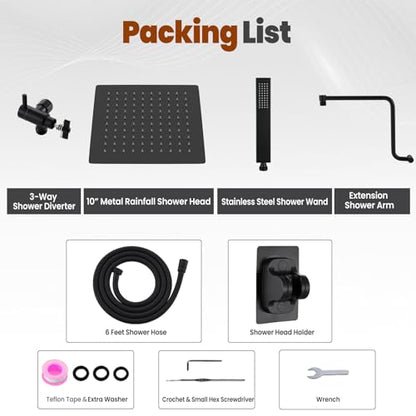 10" Metal Rain Shower Head with Handheld Spray Combo, 3 Settings Shower Diverter, Stainless Steel Handheld Shower Wand, Adjustable Extension Arm, 71 Inches Extra Long Hose - Matte Black