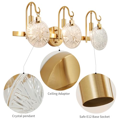 WUZUPS 3-Light Bathroom Light Fixture Over Mirror Morden Vanity Wall Sconces Clear Glass Shade for Bedroom Living Room, E12 Base, Brass Gold - color: Brass Gold, Glass shade