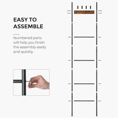 VASAGLE Blanket Ladder, 5-Tier Ladder Shelf, Decorative Ladder with 4 Removable Hooks, Metal Frame, Industrial Style, Rustic Brown and Black ULLS016B01