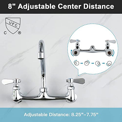 Wall Mount Commercial Sink Kitchen Faucet 8 Inch Adjustable Center | 8 Inch 360 Swivel Spout, Lead-free Brass, For Restaurant Laundry Utility Room, Easy to Install, CUPC NSF Certified - color: A Chrome, size: 8 Inch Spout