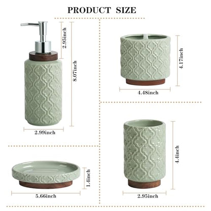 RQYIXI Ceramic 4-Piece Bathroom Accessories Set,Sage Green | Countertop Essentials Embossed Textured Design Solid Wood Non-Slip Detail Sage Green Finish - color: Green, size: Embossed Textured-4-Piece