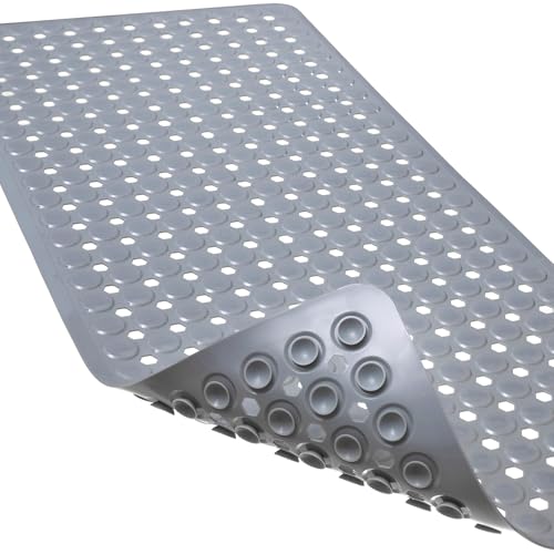 Non-Slip Bathtub and Shower Mats, Power Grip Bath Mat 35 x 16.3 Inch with Suction Cups and Drain Holes for Tub Bathroom Floor Safety, Machine Washable Soft Bathmat, Gray - color: Gray