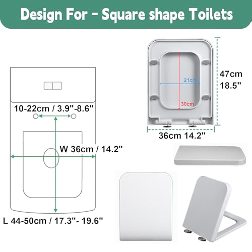 White Square Quick Release Toilet Seat with Cover - Easy Clean, Top Fix Installation, 36 x 47 cm - Universal Fit for Standard Toilets - size: 36*47cm