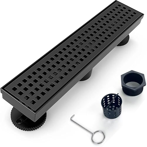 12 Inch Removable Cover Linear Shower Drain 304 Stainless Steel Rectangular Floor Drain for Kitchen Bathroom Square Hole Drain with Accessories Hair Strainer Adjustable Leveling Feet (Matte Black) - color: Black, size: 12 Inch