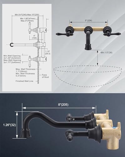 Black Bathroom Faucet Wall Mount: WOWOW Brass Bathroom Sink Faucets 2 Handle and Rough-in Valve Included, 8 Inch Lavatory Faucet 3 Hole Antique Tap - color: Black