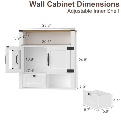 M METERXITY 23.6" W Farmhouse Bathroom Wall Cabinet with Mirror, Wall Mount | Over the Toilet Storage, Wooden Medicine Cabinet with Barn Doors, Space Saver, Kitchen, Laundry, Entrance,White Walnut