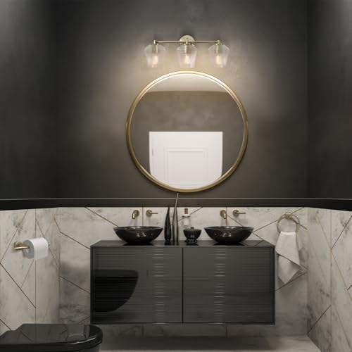 GLOBE Electric 63000063 5-Piece All-in-One Bathroom Set, Matte Brass Finish, 3-Light Vanity Light, Glass Shades, Towel Bar, Toilet Paper Holder, Towel Ring, Robe Hook, Bathroom Lights Over Mirror - color: Brass