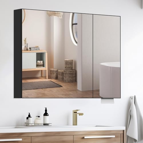 32 x 24 Black Medicine Cabinet, Aluminum Mirror Medicine Cabinet for Bathroom, Pre-Assembled Recessed/Surface-Mounted Medicine Cabinet, Tempered Frameless Mirror - color: Black, size: 32 x 24
