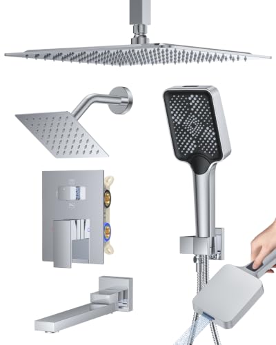 Woindo 4 Function Shower Faucet Set 12" Rain Shower Head/6'' Side Shower Head and 3 Setting Handheld Ceiling Mount Push Button Diverter Complete Rainfall Round Shower System Included Valve Trim Kit - color: Chrome Polished, style: 4-Function-Ceiling