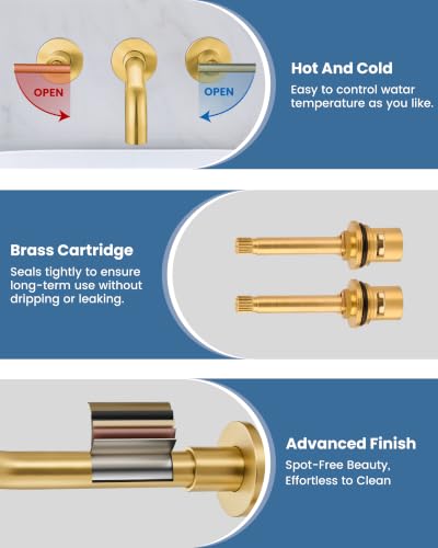 Airuida Wall Mounted Bathroom Sink Faucet,Brushed Gold Vanity Sink Faucet | Lever Handle,3 Holes,360° Widespread Swivel Spout,Rotatable Bathroom Faucet - color: Brushed Gold