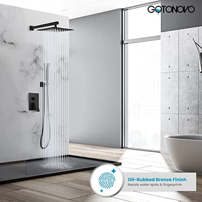 gotonovo Rainfall Bathroom Shower System Rain Shower Head and Handle Set Wall Mounted Shower Complete Combo Solid Brass Pressure Balancing Shower Mixer Valve 12 Inch Oil Rubbed Bronze - color: Oil Rubbed Bronze, size: 12 Inch
