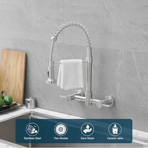 AIMADI Wall Mount Kitchen Faucets, 8-Inch Center | Wall Mount Kitchen Sink Faucet with Pull-Down Sprayer,Modern Stainless Steel Design Double Lever Control - color: Brushed Nickel