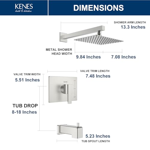 KENES Brushed Nickel Shower Set with Tub Faucet, Tub and Shower Trim Kit | Shower Faucet with 10-Inch Rain Shower Head, Square Shower System, Valve Included, Lead-Free cUPC & NSF Certified, Stainless - color: Brushed Nickel, style: Tub Shower Faucet Set