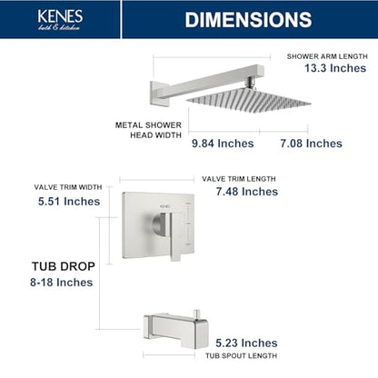 KENES Brushed Nickel Shower Set with Tub Faucet, Tub and Shower Trim Kit | Shower Faucet with 10-Inch Rain Shower Head, Square Shower System, Valve Included, Lead-Free cUPC & NSF Certified, Stainless - color: Brushed Nickel, style: Tub Shower Faucet Set