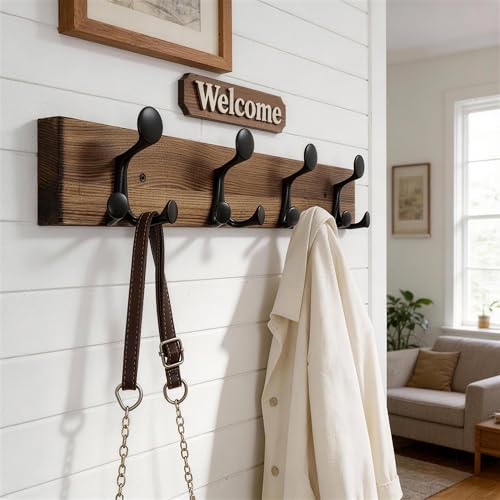 WEBI Coat Rack Wall Mount,24" Solid Wood Coat Hooks Wall Mounted Coat Hanger,16" Hole to Hole,Heavy Duty Hook Rack,4 Triple Hooks for Hanging Coats,Jacket,Hat,Backpack,Farmhouse,Brown,2 Packs - color: Brown, size: 24 Inch(2 Pcs)