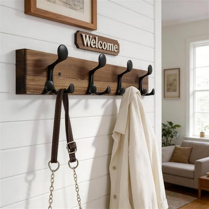 WEBI Coat Rack Wall Mount,24" Solid Wood Coat Hooks Wall Mounted Coat Hanger,16" Hole to Hole,Heavy Duty Hook Rack,4 Triple Hooks for Hanging Coats,Jacket,Hat,Backpack,Farmhouse,Brown,2 Packs - color: Brown, size: 24 Inch(2 Pcs)