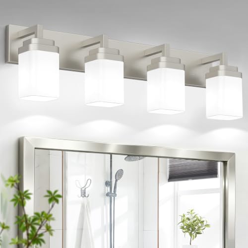 Brushed Nickel Bathroom Light Fixtures, Modern Vanity Lights with White Glass Lamp Shade, Bathroom Lighting Fixtures Over Mirror, Restroom Vanity Lighting Fixture, 4-Light 30 Inch - color: Nickel, size: 4-Light