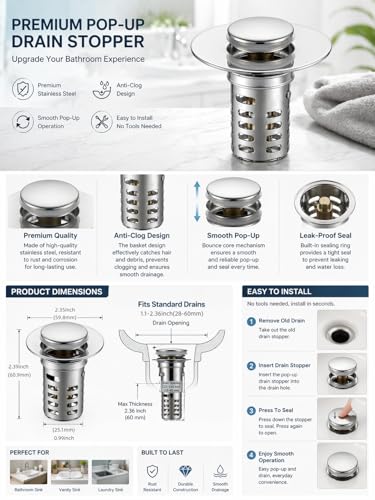 Bathroom Sink Stopper, Universal Stainless Steel Replacement | Universal Bathroom Sink Stopper Replacement, Fits 1.1–2.36 Inch Drain Holes, Brass Core with Stainless Steel Cover