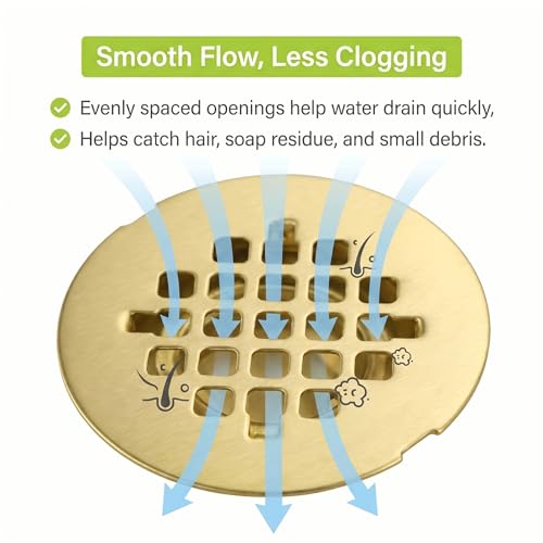 Shower Drain Cover Snap-in Hair Catcher - Brushed Gold 2 Pack | Stainless steel, 4-1/4" OD round, Fits 2-7/8" spacing, Easy install no tools, Warm gold, modern bathroom drain strainer grid. - color: Brushed Gold