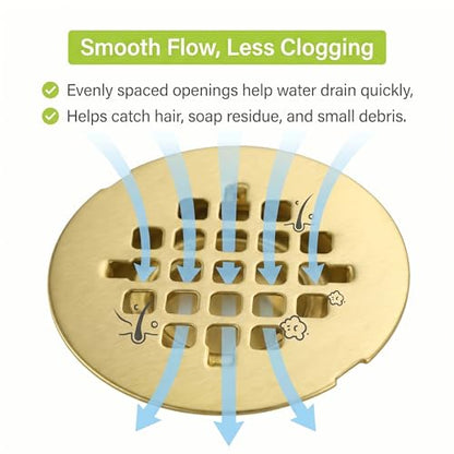 Shower Drain Cover Snap-in Hair Catcher - Brushed Gold 2 Pack | Stainless steel, 4-1/4" OD round, Fits 2-7/8" spacing, Easy install no tools, Warm gold, modern bathroom drain strainer grid. - color: Brushed Gold