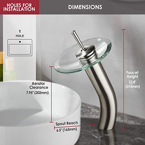 Waterfall Bathroom Faucet Glass Single Handle Solid Brass Basin Lavatory Vessel Sink Vanity Faucet,Tall,Brushed Nickel - color: Brushed Nickel