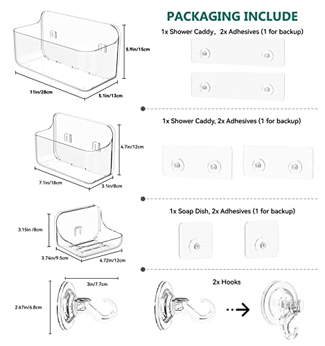 Shower Shelves 5 Pack Clear Acrylic Bathroom Organizer Caddy | Large Capacity, Adhesive Shower Caddy with Soap Holder and Hooks, Waterproof and Rustproof, Multiple Drainage Holes - color: Clear-5 Pack Set