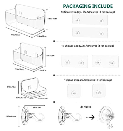 Shower Shelves 5 Pack Clear Acrylic Bathroom Organizer Caddy | Large Capacity, Adhesive Shower Caddy with Soap Holder and Hooks, Waterproof and Rustproof, Multiple Drainage Holes - color: Clear-5 Pack Set