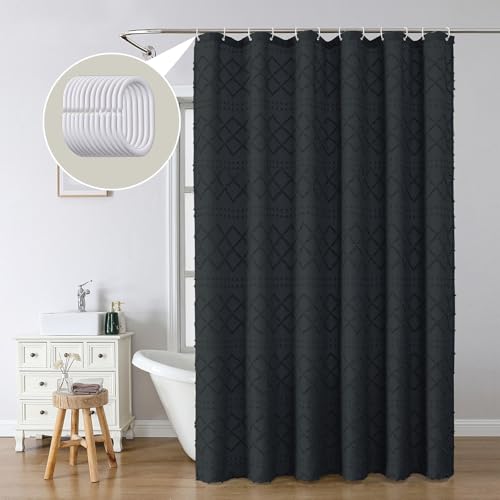 Boho Black Shower Curtain 72x84 Inches, Modern Plaid Stripes Chic Tufted Textured Jacquard Farmhouse Fabric Cloth Shower Curtain for Bathroom Hotel - color: Black, size: 72"W x 84"L (Pack of 1)