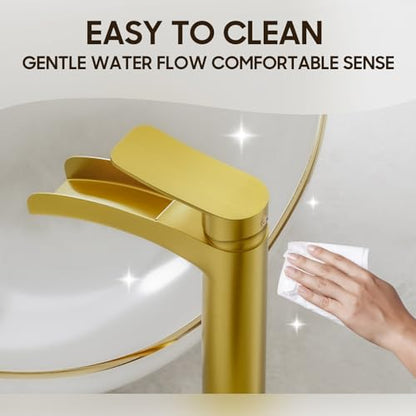 Phiestina Brushed Gold Tall Bathroom Vessel Sink Faucet, Single Hole Single Handle Waterfall Modern Bathroom Faucet, with Pop Up Drain and Water Supply Line, NS-SF01-BG-V - color: Brushed Gold, style: 1 pack