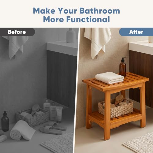 DUMOS 18" Woodern Shower Bench for Inside Shower, Waterproof Bathroom Bench | Shower Chair for Shaving Legs and Spa, Non-Slip Solid Wood Shower Stool with Handles for Senior Adult Disabled Elderly, Brown - size: 17.91"W