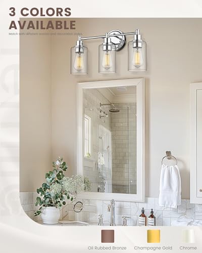 FEMILA Vanity Lighting Fixtures, Modern Bathroom Lights Over Mirror, Wall Lamp with Clear Glass Shade,Chrome Finish,4FYC56B-3W CH - color: Chrome, size: 17.3"