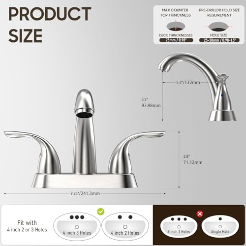 Centerset 4 Inch Brushed Nickel 2 or 3 Holes Stainless Steel Bathroom Sink Faucet, 2 Handle Bathroom Faucet with Copper Pop Up Drain and Water Supply Lines, BF008-5-BN - color: Brushed Nickel, style: 1 Pack