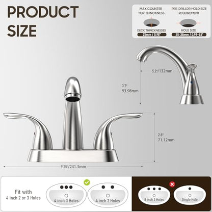Centerset 4 Inch Brushed Nickel 2 or 3 Holes Stainless Steel Bathroom Sink Faucet, 2 Handle Bathroom Faucet with Copper Pop Up Drain and Water Supply Lines, BF008-5-BN - color: Brushed Nickel, style: 1 Pack