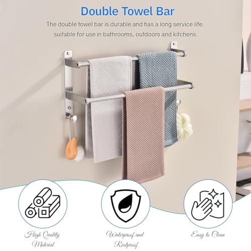 Double Towel Bar with Hooks for Bathroom - 18 Inch Brushed Stainless Steel Towel Rack, Wall Mounted Towel Rails
