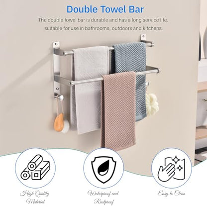Double Towel Bar with Hooks for Bathroom - 18 Inch Brushed Stainless Steel Towel Rack, Wall Mounted Towel Rails