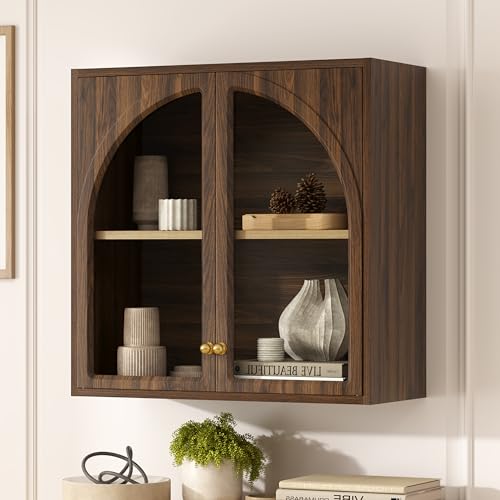 Wall Medicine Cabinet with Arched Acrylic Door, Large Modern Wall Mounted Bathroom Storage with Adjustable Shelf, Wooden Floating Over Toliet Cabinet for Bathroom, Living Room, Brown - color: Brown