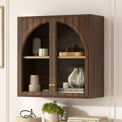 Wall Medicine Cabinet with Arched Acrylic Door, Large Modern Wall Mounted Bathroom Storage with Adjustable Shelf, Wooden Floating Over Toliet Cabinet for Bathroom, Living Room, Brown - color: Brown