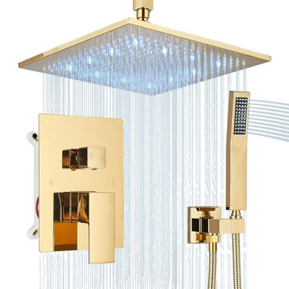 Polished Gold Shower System 12 Inch LED Square Rainfall Shower Head Ceiling Mount Shower Faucet Set with Hand Sprayer Rough-in Valve Trim Kit Bathroom Mixer Shower Combo Set - color: Gold, style: 12"-led