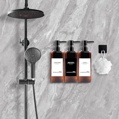 Shampoo and Conditioner Dispenser, No Drill, 16 Waterproof Labels | Shampoo Dispenser for Shower Wall, Shower Soap Dispenser Wall Mounted 3 Chamber, Bathroom, 17oz, Black Amber - color: Amber Bottle + Black Pump