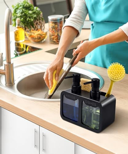 Kitchen Hand Soap and Dish Soap Dispenser Set, Dual Soap Dispenser with Sponge Caddy and Brush Holder 4-in-1 Organizer for Kitchen Sink Countertop, Useful Kitchen Gadgets - Black - color: Black