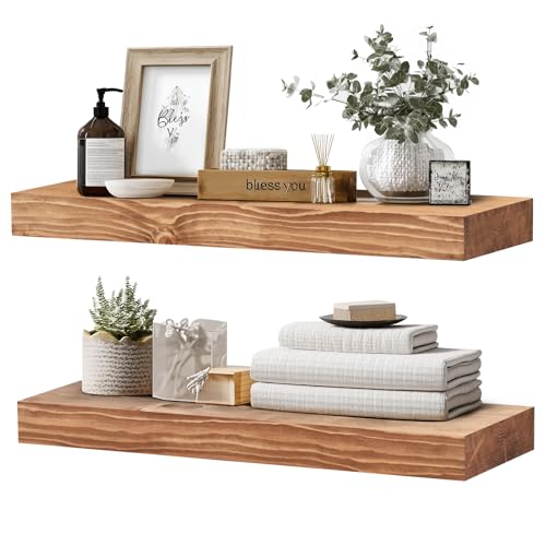 Solid Wood Floating Shelves, 24 Inch Wall Shelves, Set of 2, Oak | 8 Inch Deep, 1.6 Inch Thick, Extra-Wide Display Space, Mounting Hardware Included, For Kitchen, Bathroom and Living Room - color: Oak, size: 24x8x1.6