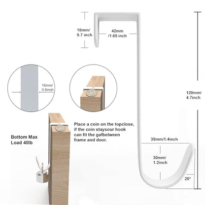 5 Pack Over The Door Hooks(L=4.7"), Over Door Hanger, Heavy Duty No Drill Hanger for Towels, Coats, Hats, Bags in Bathroom, Bedroom, Kitchen, Living Room-White - color: White(5 Pack 4.7")