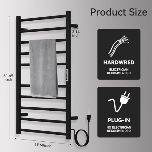 Electric Stainless Steel Warmer Rack Heated Towel Rack with 2 Hooks,Timer Temperature Multi-Level Adjustable Plug-in/Hardwired Hot Towel Rack for Bathroom Spa Gym Hotel (Black, 10-Bar) - color: Black, size: 10-Bar