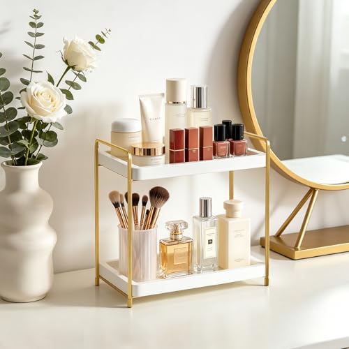 Mkono Bathroom Counter Organizer, 2 Tier Countertop Bathroom Decor Wood Storage Sink Shelf for Vanity Kitchen Coffee Station Home Office, Makeup Tray for Cosmetic Skincare Perfume, Gold and White