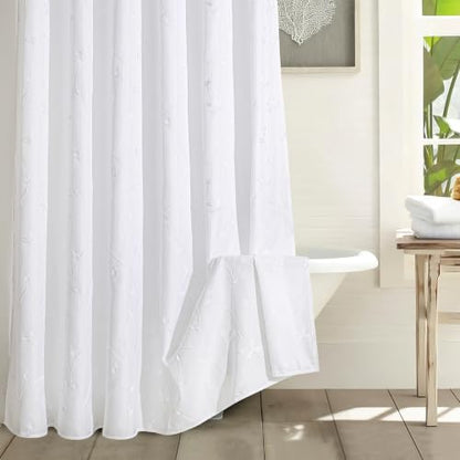 Embroidered Leaf Farmhouse Shower Curtain,Faux Linen,72Wx72L,White | Boho Modern Shower Curtain Set, Washable & Waterproof Fabric, Floral Shower Curtains for Bathroom with Hooks - color: White