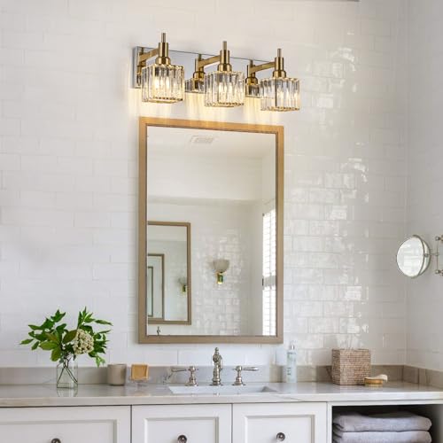 Crystal Bathroom Vanity Light Gold Chrome 3-Light Modern Bathroom Lighting Fixtures Over Mirror Square Wall Sconce - color: Gold Chrome-Square Shade, size: 3-Light