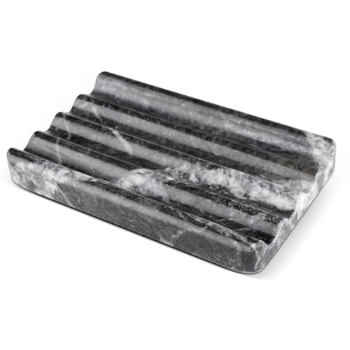 Karibiber Marble Soap Dish, Bar Soap Holder Shower, Black Soaps Bathroom Saver with Water Ripple Design, Easy Cleaning Natural Stone Sponge Holder for Kitchen Sink, Executive Jewelry Ring Tray - color: Grigio Carnico