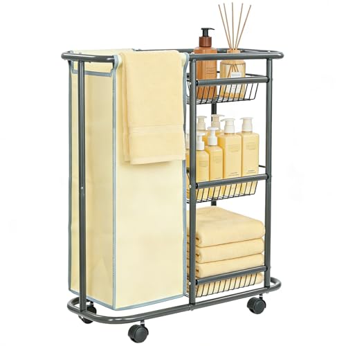 Narrow Laundry Cart with Wheels, 3 Baskets and 45L Laundry Bag | Metal Rolling Cart for Small Space, Laundry Room Organization and Storage, for Bathroom Living Room Apartment Dorm