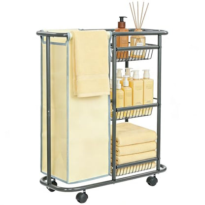 Narrow Laundry Cart with Wheels, 3 Baskets and 45L Laundry Bag | Metal Rolling Cart for Small Space, Laundry Room Organization and Storage, for Bathroom Living Room Apartment Dorm